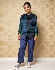 Blue Hawaiian Embroidered Satin Shirt