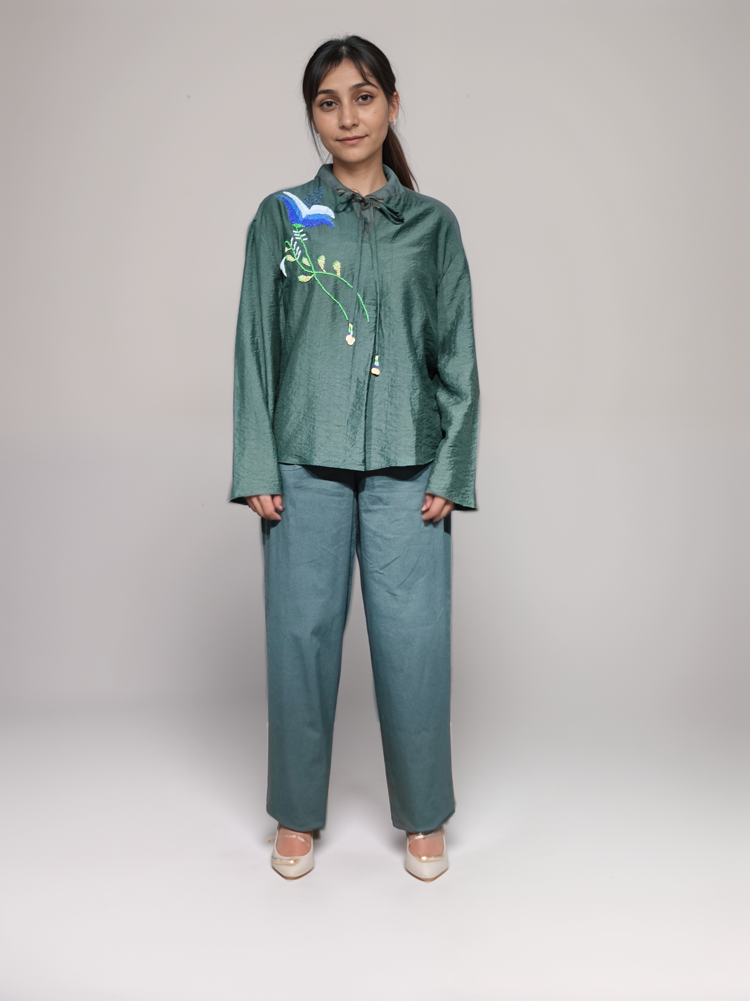 Forest Green ViscoseEmbroidered Solid Top