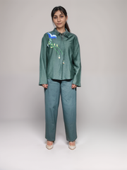 Forest Green ViscoseEmbroidered Solid Top