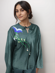 Forest Green ViscoseEmbroidered Solid Top