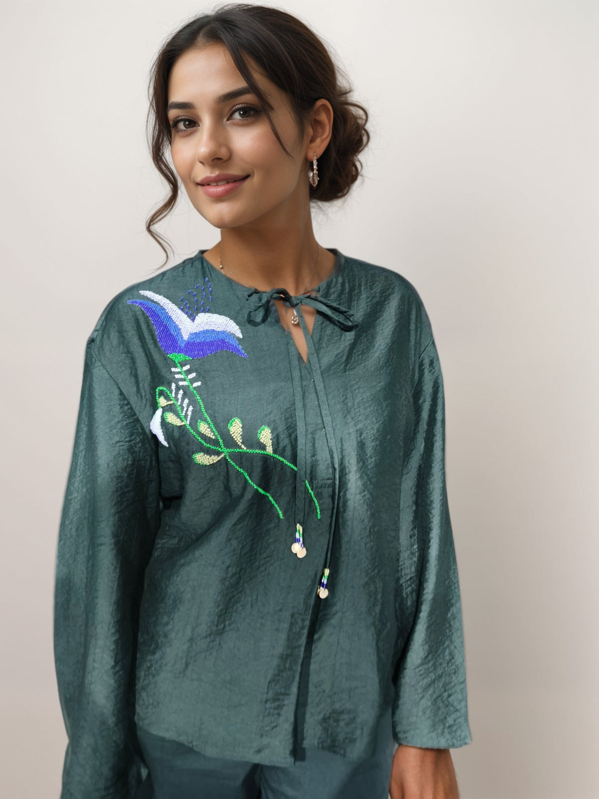 Forest Green ViscoseEmbroidered Solid Top