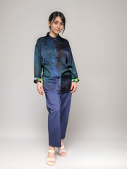Blue Hawaiian Embroidered Satin Shirt