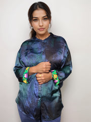 Blue Hawaiian Embroidered Satin Shirt