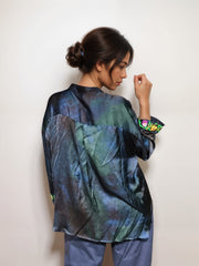 Blue Hawaiian Embroidered Satin Shirt