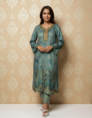 Emerald Bloom Linen Value Added Kurta Set