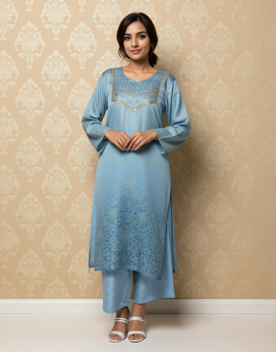 Azure Mist Satin Value Added  Kurta Set