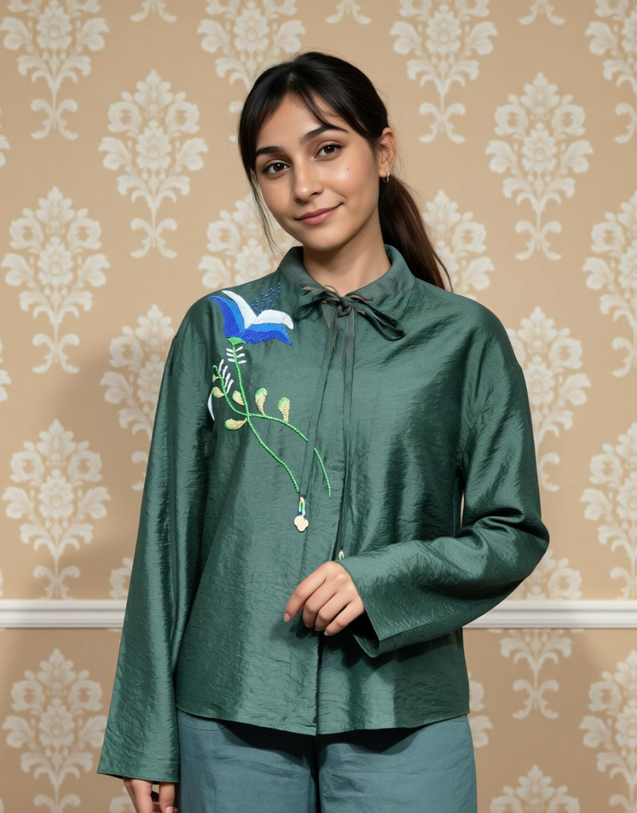 Forest Green ViscoseEmbroidered Solid Top